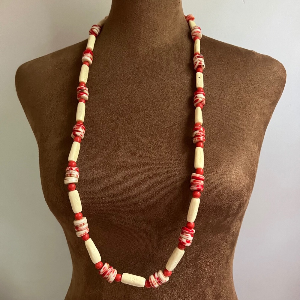 Vintage Red White Beaded Bone Resin Glass Long Strand Necklace 34 Inch Eclectic